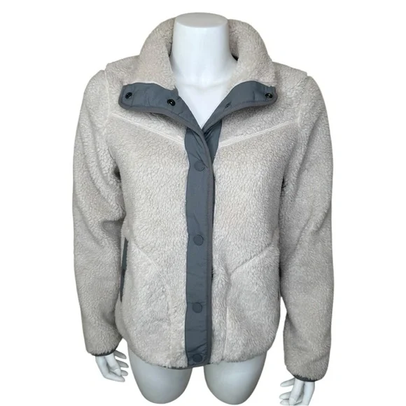 LL Bean Sherpa Fleece Jacket S Snap Front Pockets Lined Cream Gray - Picture 2 of 15